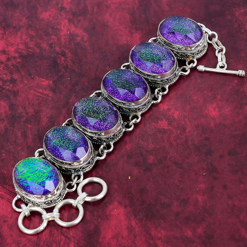 Fioletowy Opal Potrójny Ręcznie Robiony Bransoletka z Kamieni Szlachetnych, Srebro Próby 925, Antyczna Biżuteria, Na Prezent Zaręczynowy