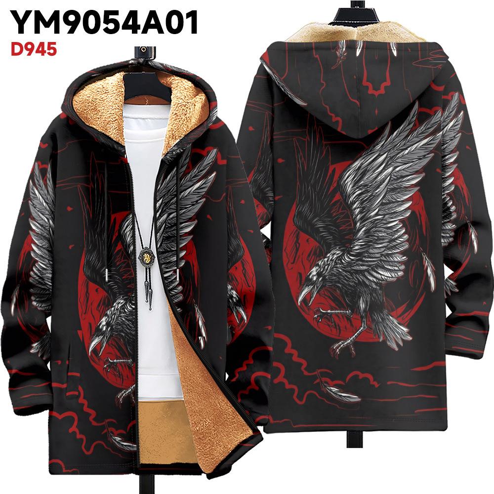 New Jacket: Multi-colored Pattern Elements, Zipper Hooded Cardigan, Thickened Winter Fleece Padded Clothes, Yellow Lining, Trendy Cotton Clothes