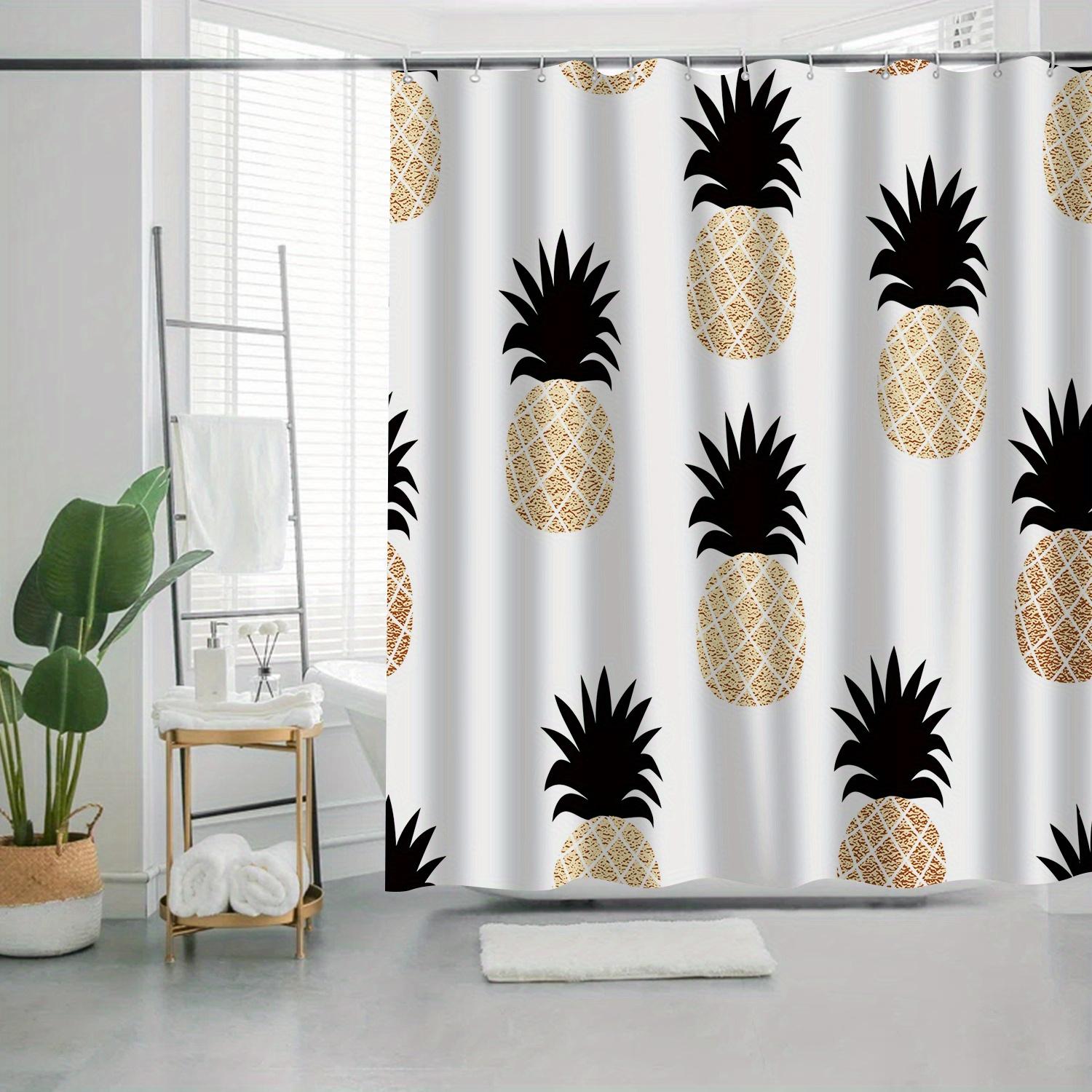 Tropical Pineapple Shower Curtain - Golden & Black Beach Art Design, Machine Washable Polyester, Bath Decor W90xH180cm