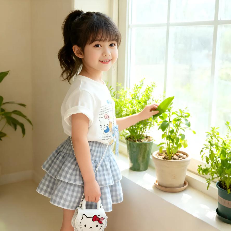 2025 Korean Summer Cute Cat Print Short Sleeve Plaid Skirt Set