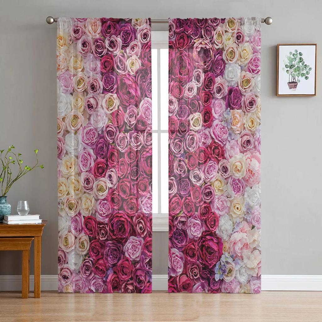 Wedding Flowers Rose Sheer Curtains Living Room Window Tulle Curtains For Bedroom Kitchen Home Decoration Voile Drapes