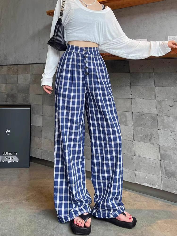 Women's Blue Retro Plaid Double-Breasted Wide-Leg Pants - Zhao Lusi Spring & Autumn Style