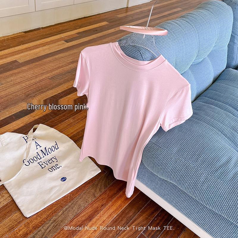 Modal Short Sleeve Crew Neck Women's Slimming Versatile T-Shirt - Nude Feeling, Straight Shoulder, Comfortable Fit