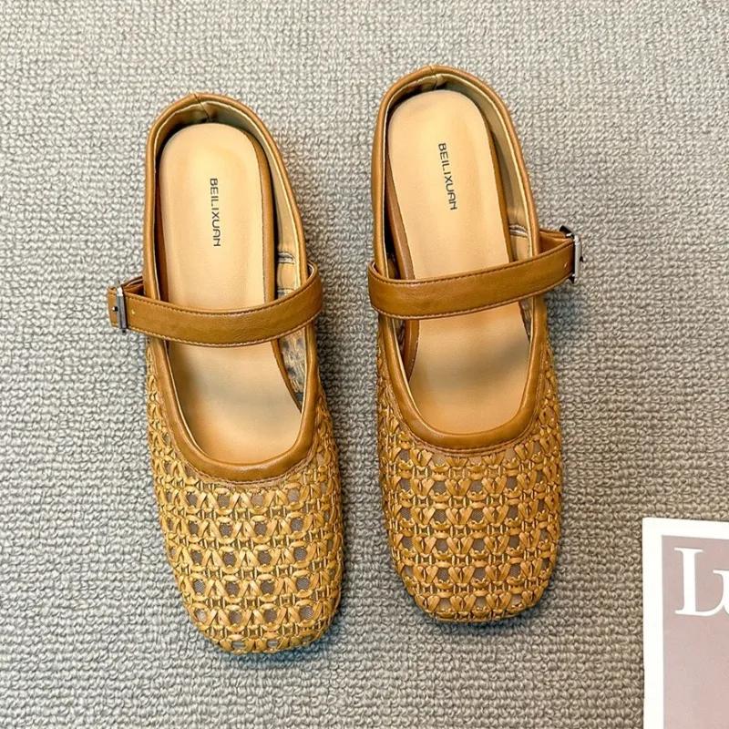 

Fashion Flats Women Slippers Designer Cozy Mules Shoes Summer Slingback Woman s Sandals Summer 2025 New Trends Casual Sandalias De Mujer 35 коричневий