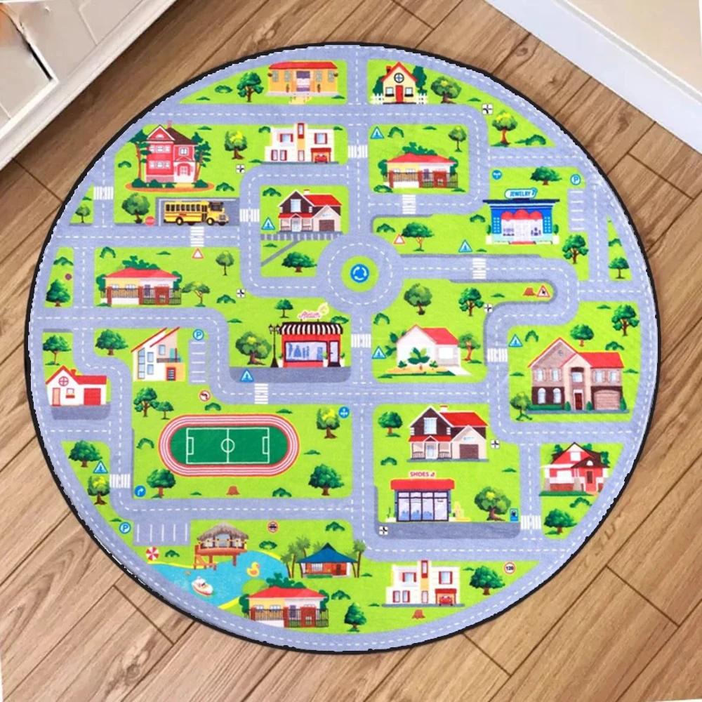 

Train Track Map Circular Carpets Classic Retro Print Mats Mid Century Wall Art Club Bedroom Living Room Rugs Home Decoration Diameter 60cm