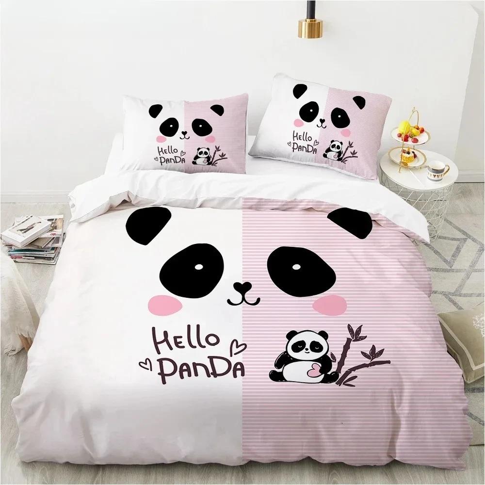 Cartoon Panda 3D Print Bedding Set White Kids Girls Duvet Cover Gift - 2/3pcs Twin Single Queen King Sizes Available