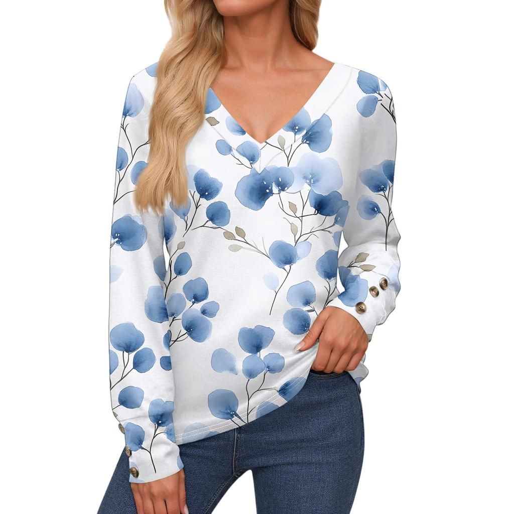 Women's Tops Long Sleeve Cuffs Button-Up Shirt V-Neck Casual Loose Tee Floral Tops