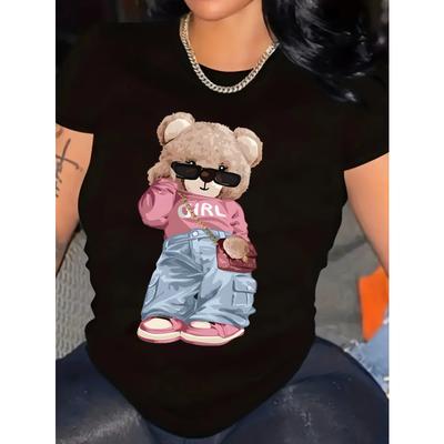 T-shirt carina con stampa di orsetto a maniche corte girocollo top casual per estate e primavera abbigliamento da donna maglietta top femminili streetwear