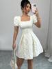2026 Women's Summer Slim Jacquard Puff Sleeve Square Neck Dress - Elegant European Vacation Style