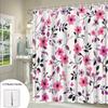 1 Pink Purple Floral Shower Curtain - Digital Seamless Modern Design, Dark Center Flowers and Curved Stems, Polyester Fabric