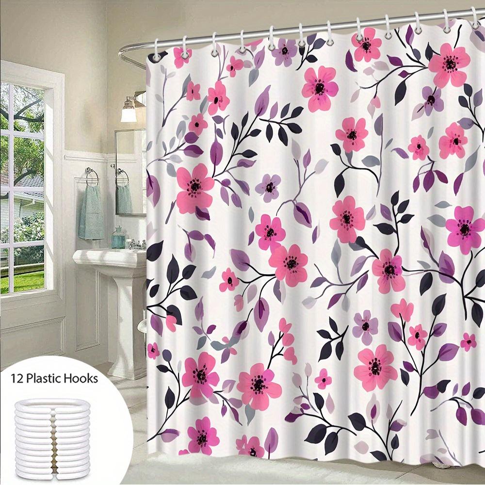 1 Pink Purple Floral Shower Curtain - Digital Seamless Modern Design, Dark Center Flowers and Curved Stems, Polyester Fabric