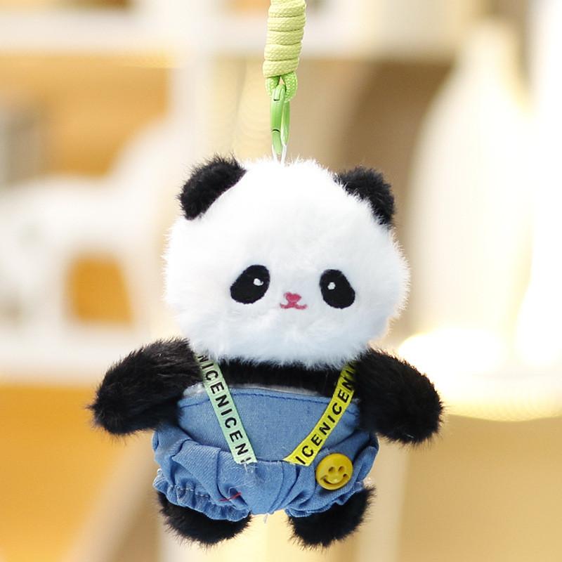 

Cute Panda Plush Doll With Overalls Kids Gift Soft Animal Decor For Backpack BlueDenimPanda