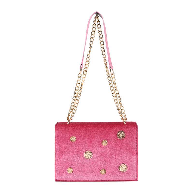 Women's Dark Green Velvet Crossbody Bag, Sunburst Stud Square Shoulder Bag with Gold Chain Strap