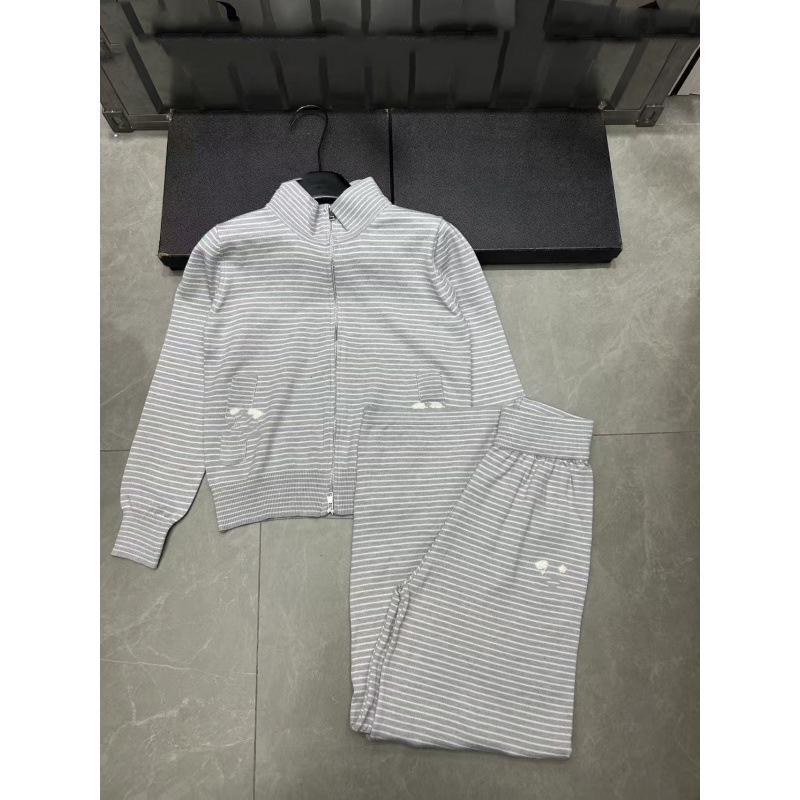 European Striped Zipper Knit Cardigan & Long Pants Two-Piece Set
