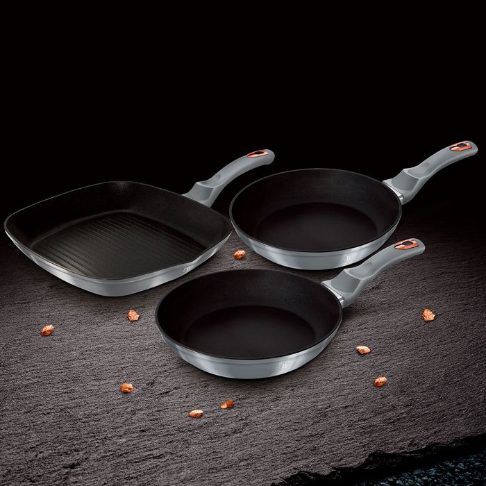 Set De 2 Poêles À Frire 1 Grill Induction 20-24-28cm Aluminium, Antiadhésif Berlinger Haus Moonlight Gris 16040