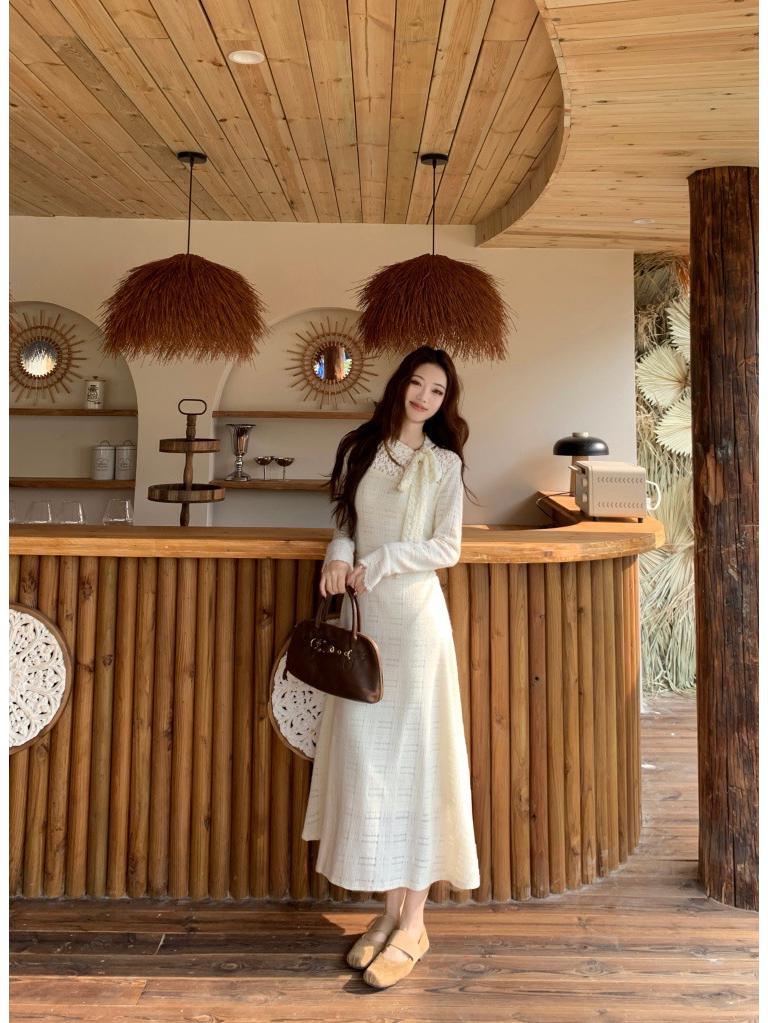 Women's High Neck Lace Crochet Dress with Bow Tie Waist, Long Sleeve, New 2026 Style