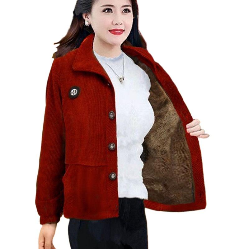 Herbst Cord Samt Quadratischer Ausschnitt Jacke für Influencer Mütter – Lockere Passform, Bauchbedeckendes Casual Oberteil für Mittelalte und Ältere