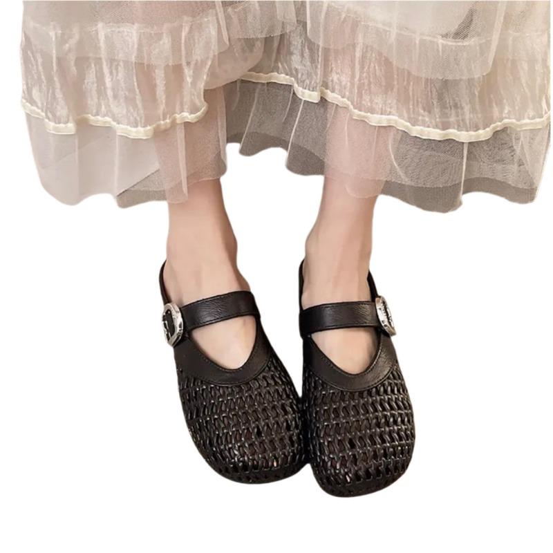 Mary Jane Shoes New Retro Shallow Mouth One Word Versatile Flat Bottom Soft Sole Single Shoes Gentle Women's Sandals
