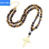 Fashionable Natural Stone Black Onyx Tiger Eye Stone Beaded Cross Necklace Men's Hip Hop Necklace