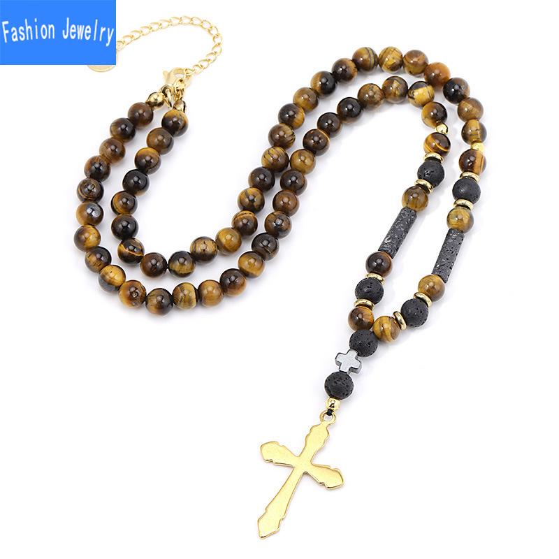 Fashionable Natural Stone Black Onyx Tiger Eye Stone Beaded Cross Necklace Men's Hip Hop Necklace