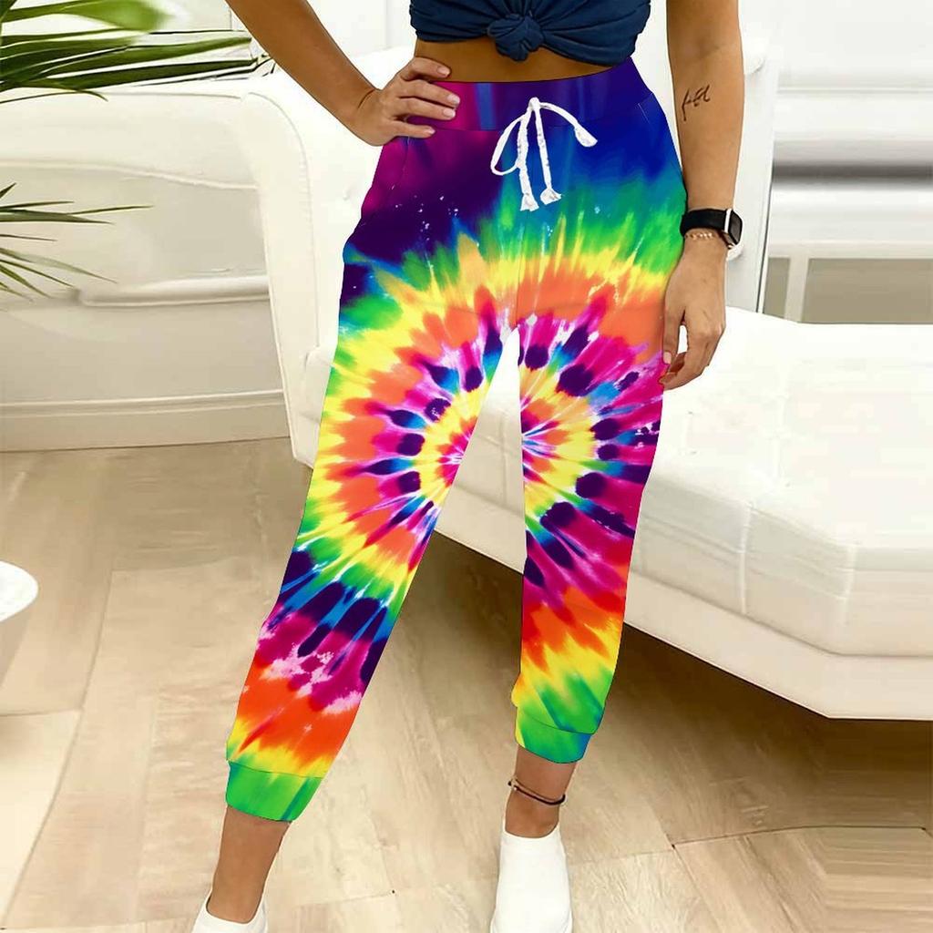 Summer Ladies Radiation Tie Dye Printed Sweatpants Loose Fit Drawstring Joggers Elastic Cuff Daily Casual Pants