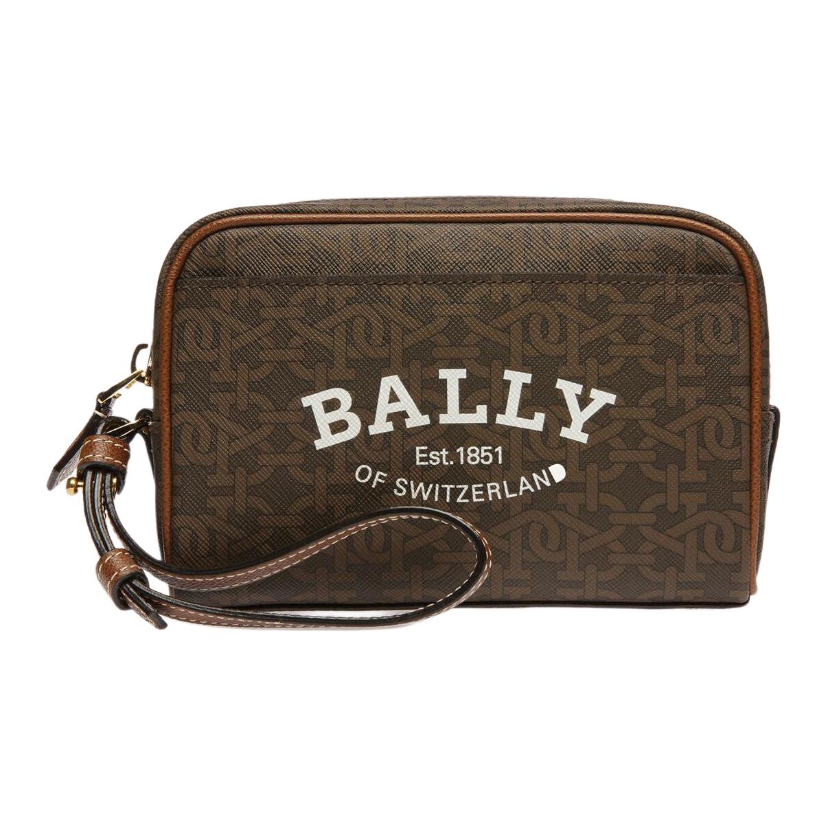 Bally Cedy 17 Classic Logo Print Zipper Wristlet Clutch Women clutch Brown 6301710 Basic Set (Bag+Dust Bag)