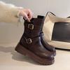 British Style Retro Round Head Thick-soled Martin Boots for Women 2025 Autumn and Winter New Thick Heel Short Boots Belt Buckle Boots for Women