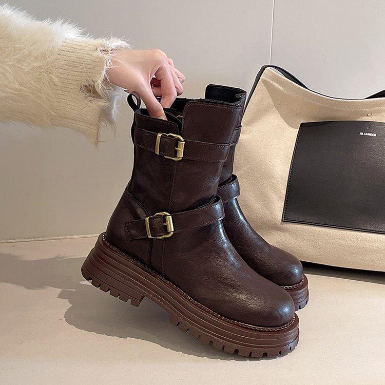 British Style Retro Round Head Thick-soled Martin Boots for Women 2025 Autumn and Winter New Thick Heel Short Boots Belt Buckle Boots for Women