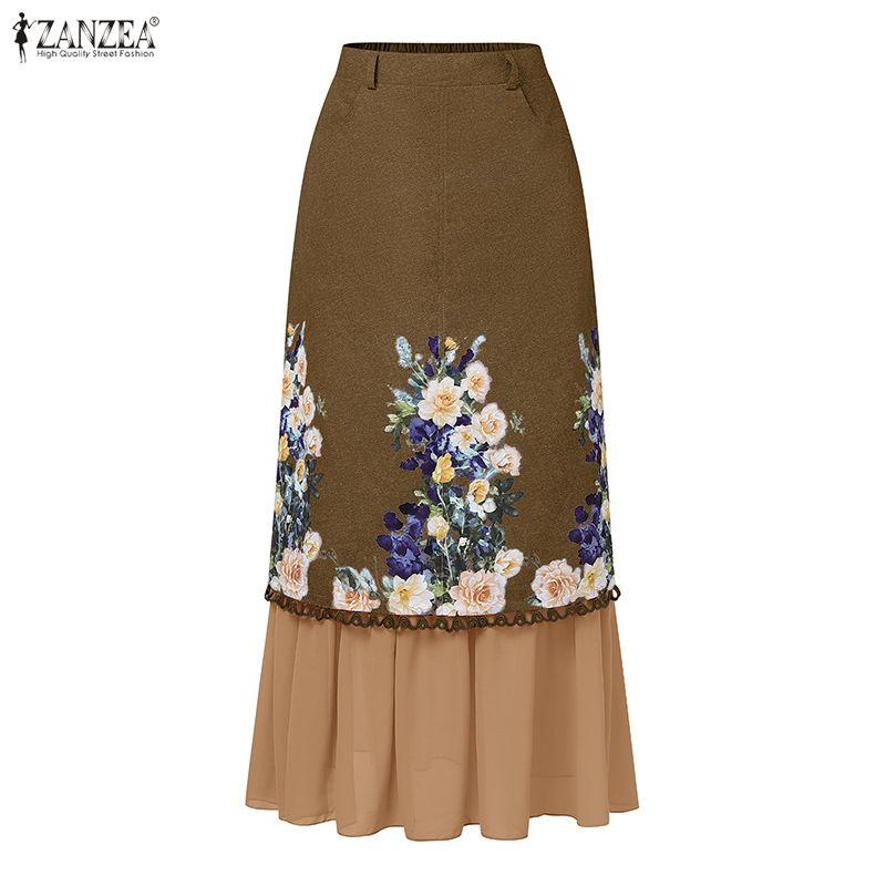 ZANZEA Fuste Florale Patchwork Casual pentru Femei cu Talie Elastică la Spate