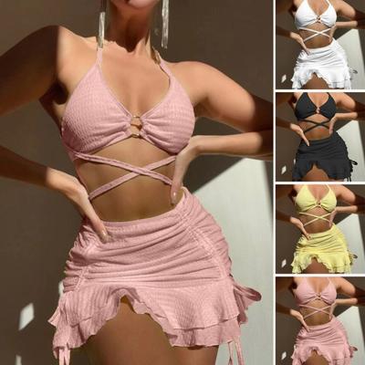 3ks/Sada Dámské plavky Jednobarevné Vlnitá textura Sexy Rozdělené Bikini se Stahovací šňůrkou Volánkem
