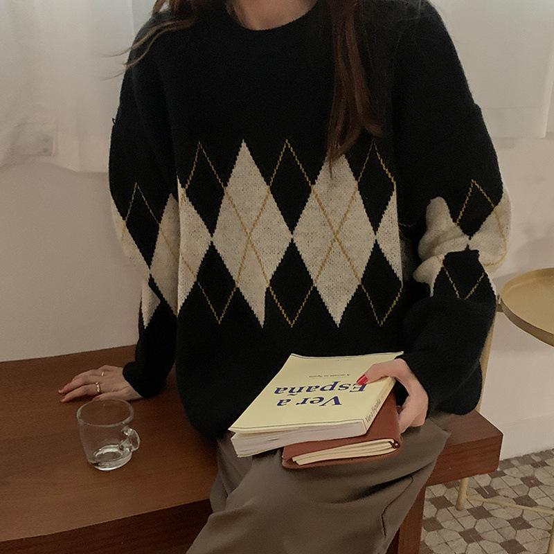2023 Trendy Women's Diamond Pattern Sweater - Autumn/Winter Lazy Chic Elevated Design