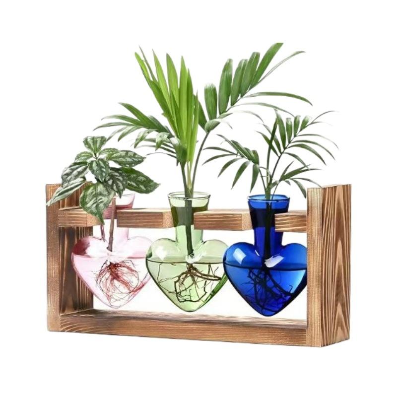 Creative Colorful Heart Shaped Transparent Glass Vase Wooden Frame Hydroponic Vase Container Home Ofice Table Decoration