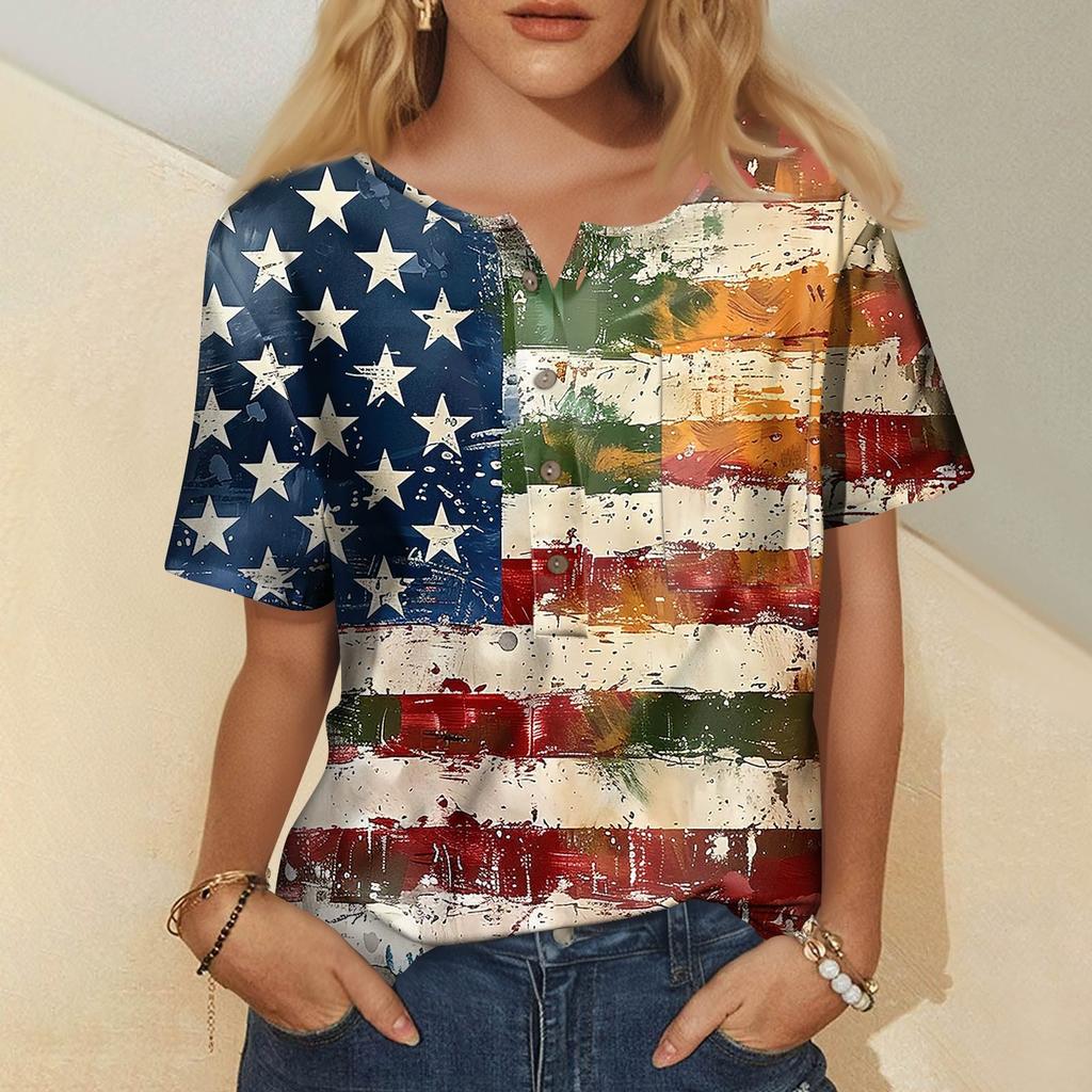 Women's Fashion Casual Short Sleeve Print Round Neck Pullover Top Blouse