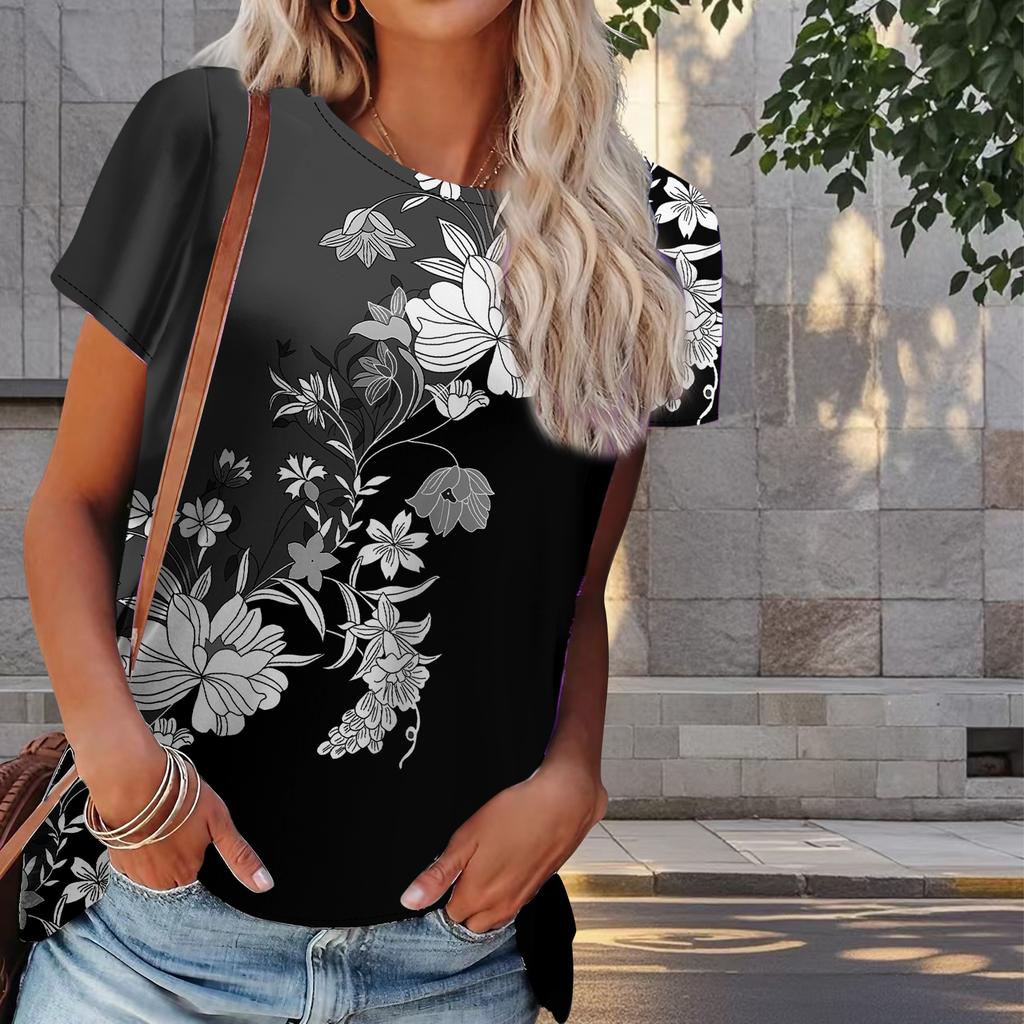 Women Summer T Shirt Flower Print Retro Fashion Short Sleeve Tees Casual   Printed  Tops