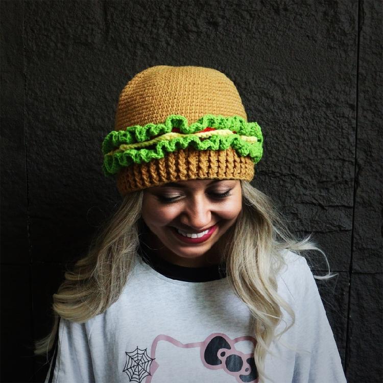 Fashion Hamburger Hat for Adult Kids Knitted Novelty Hat Anime Cosplay Costume Hat Outdoor Hiking Hat Windproof Headwear
