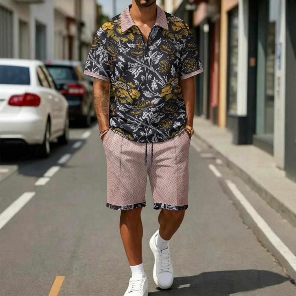 Men's Summer Casual Two Piece Set Short Sleeve Polo Shirt with Printed Design and Matching Drawstring Shorts Lightweight Breathable Fabric