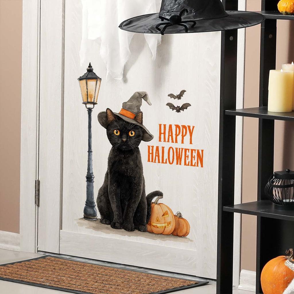 Retro Halloween Black Cat Wall Decal - Festival Elements Self-Adhesive Seamless Sticker