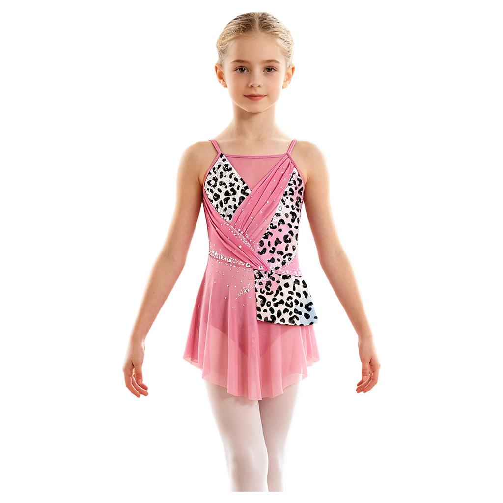 Kinder Mädchen Wettkampf-Body Ärmellos Verstellbare Träger Strass-Verzierung Patchwork Jumpsuit Eingearbeiteter Slip für Gymnastik Bühne