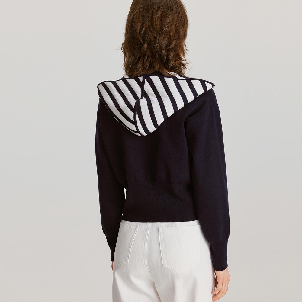 ELLE Striped Pattern Pullover Long Sleeve Sweater Women sweater Navy-Blue EM47070
