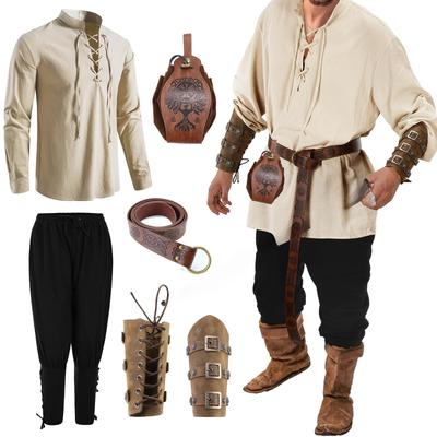 Men's Renaissance Costume Set + Accessories Halloween Crazy  Medieval Pirate Shirt Cosplay Set