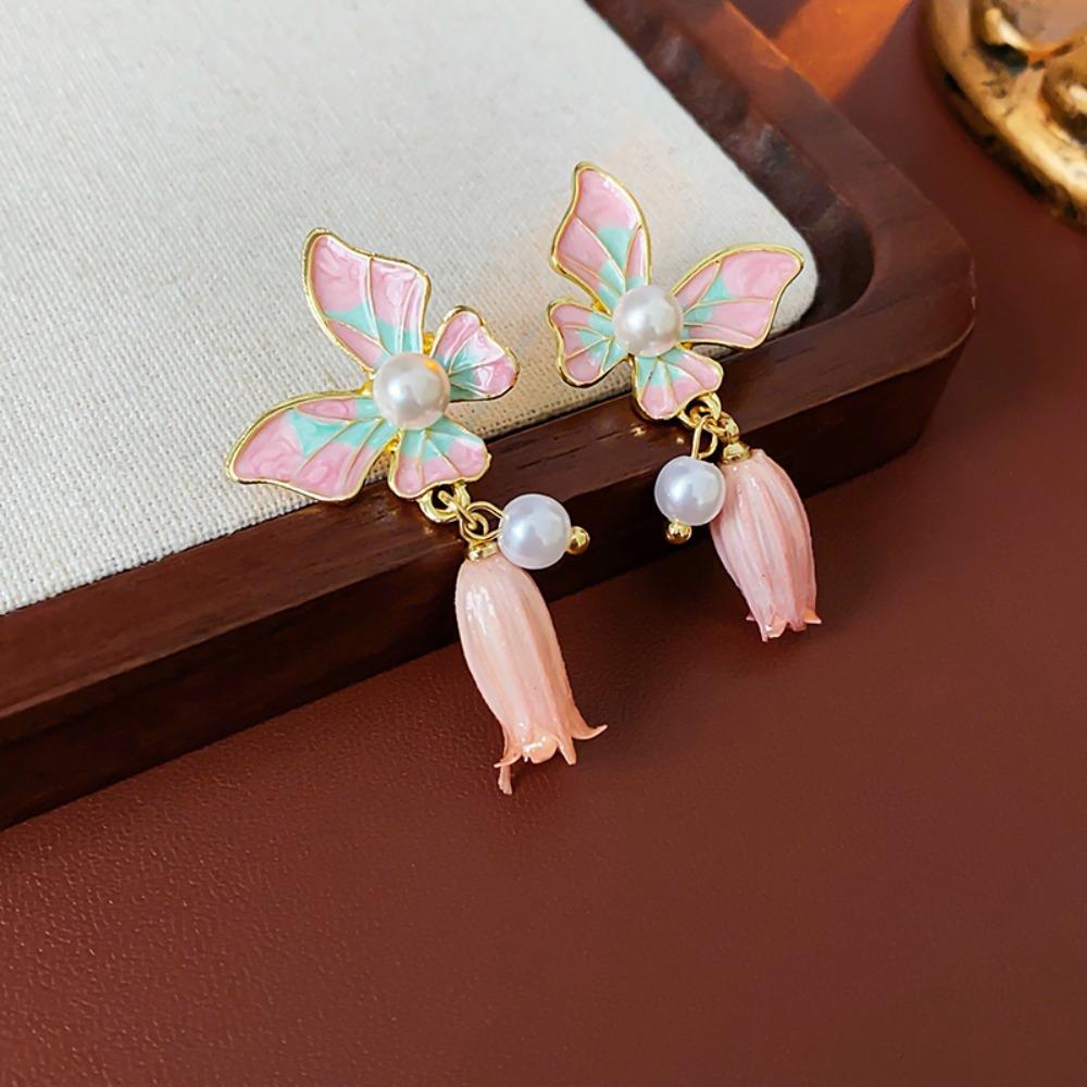 Oil Drop Butterfly Earrings Flower Pendant Sweet Stud Earrings Vintage Earrings Women  Party
