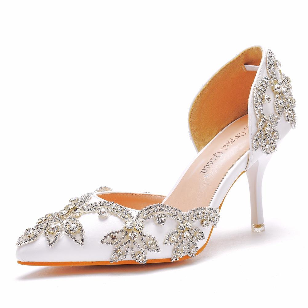 8 Cm Rhinestone Wedding Shoes, Thin Heel Pointed Sandals Hollow Two-piece Sandals Large-size Crystal Wedding Shoes for Women