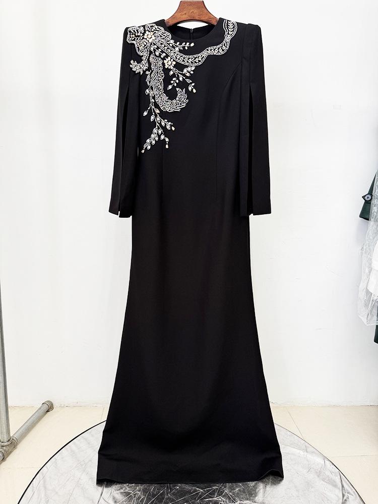 Elegant 2026 European & American Fashion Gown with Slit Sleeves & Beaded Rhinestone Details