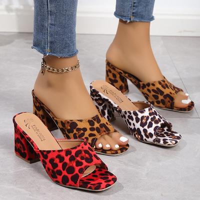 New Sandals Summer Versatile Comfort High Heels Sexy High-end Square Headed Slippers Leopard Print Temperament Women's Shoes