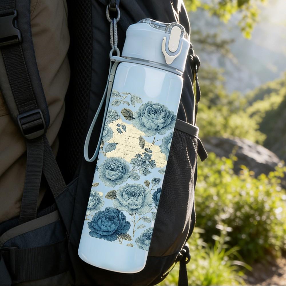 1PC Blue White Floral Seamless Pattern Print 750ml Color Plastic Sports Water Bottle Leakproof Flip Straw Lid Suitable for Sports Office Home Use