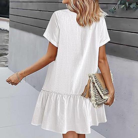 Women's Summer Cotton Linen Midi Dress Casual Short Sleeve V-Neck Button Down Dress Flowy Ruffled A-Line Beach Sundress
