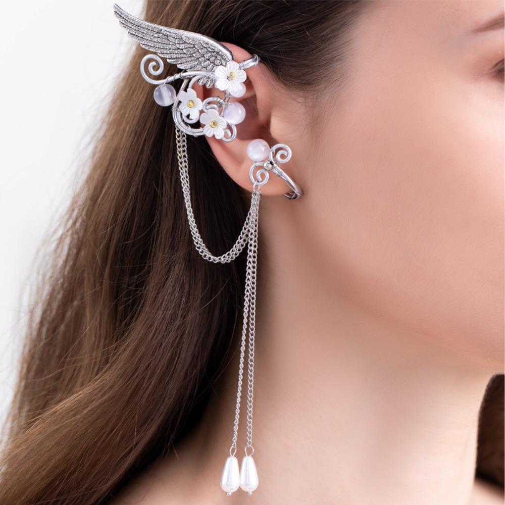 Left Ear Right Ear Zinc Zinc Alloy Elf Ear Clip Crystal Long Tassel Earrings Wings Ear Cuff Cosplay Jewelry
