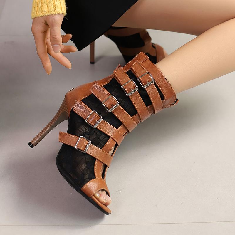 Women Sandals Summer Mesh Boots 2025 Belts Decor Peep Toe Dance Stiletto