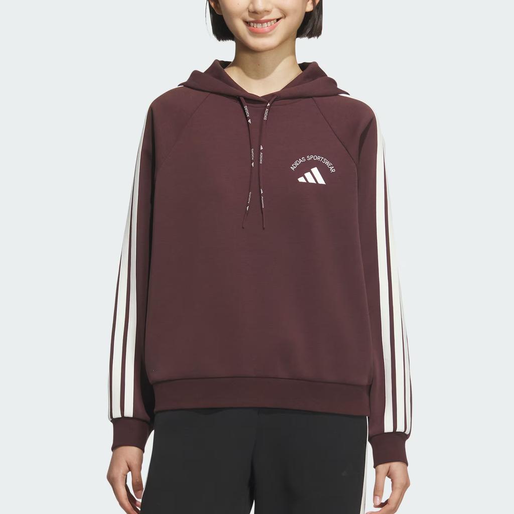 Adidas Sportswear Soft Doubleknit Hoodie Striped Pullover Knit Long Sleeve Sweatshirt Women Hoodies Dark-Brown KC0033