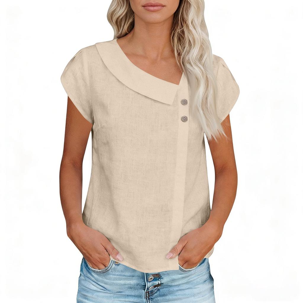 Womens Cotton Linen Tops Asymmetric Neck Short Sleeve Shirts With Buttons